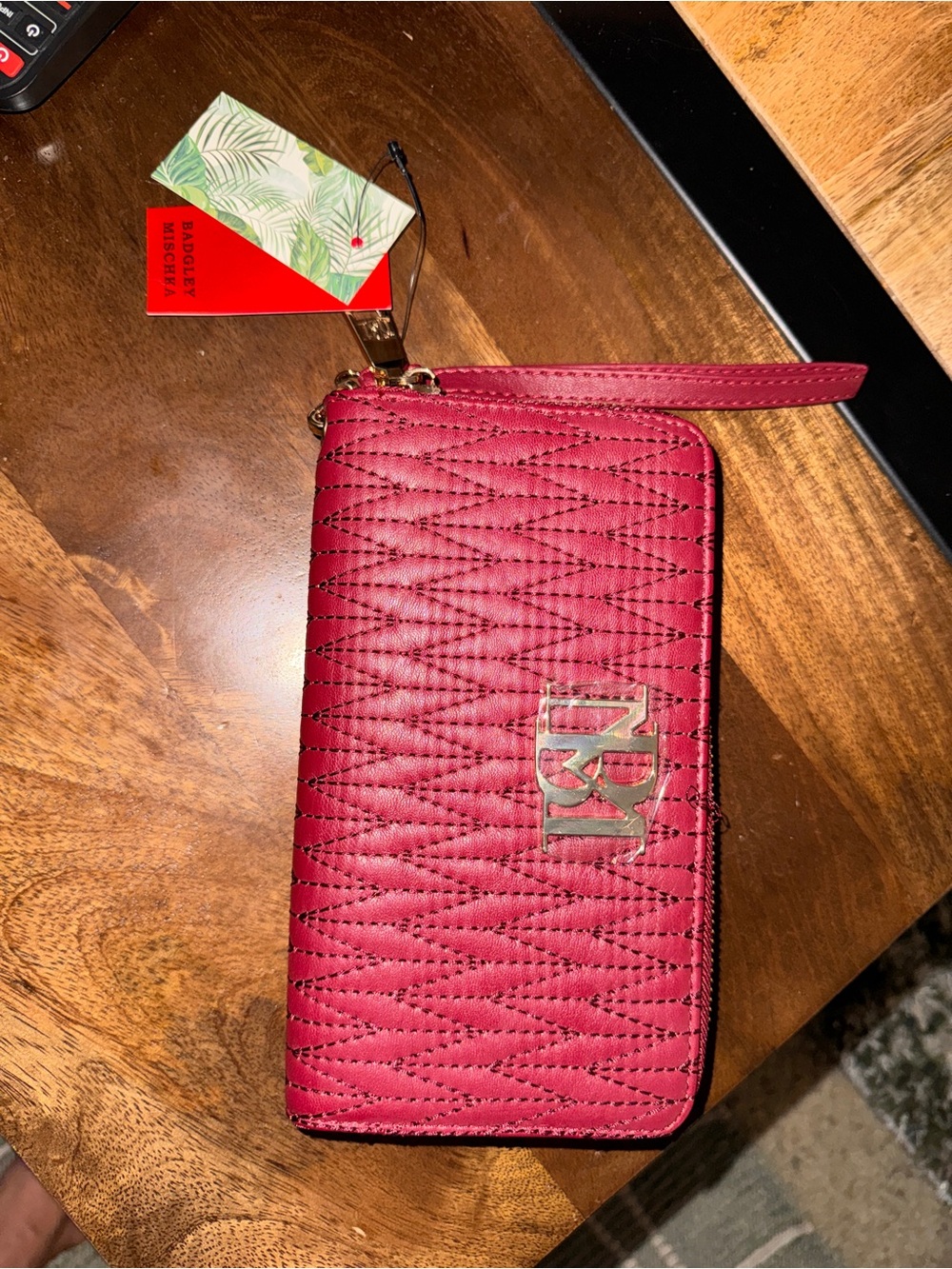 Badgley Mischka Quilted Red Zip Wristlet Wallet with Logo Plaque